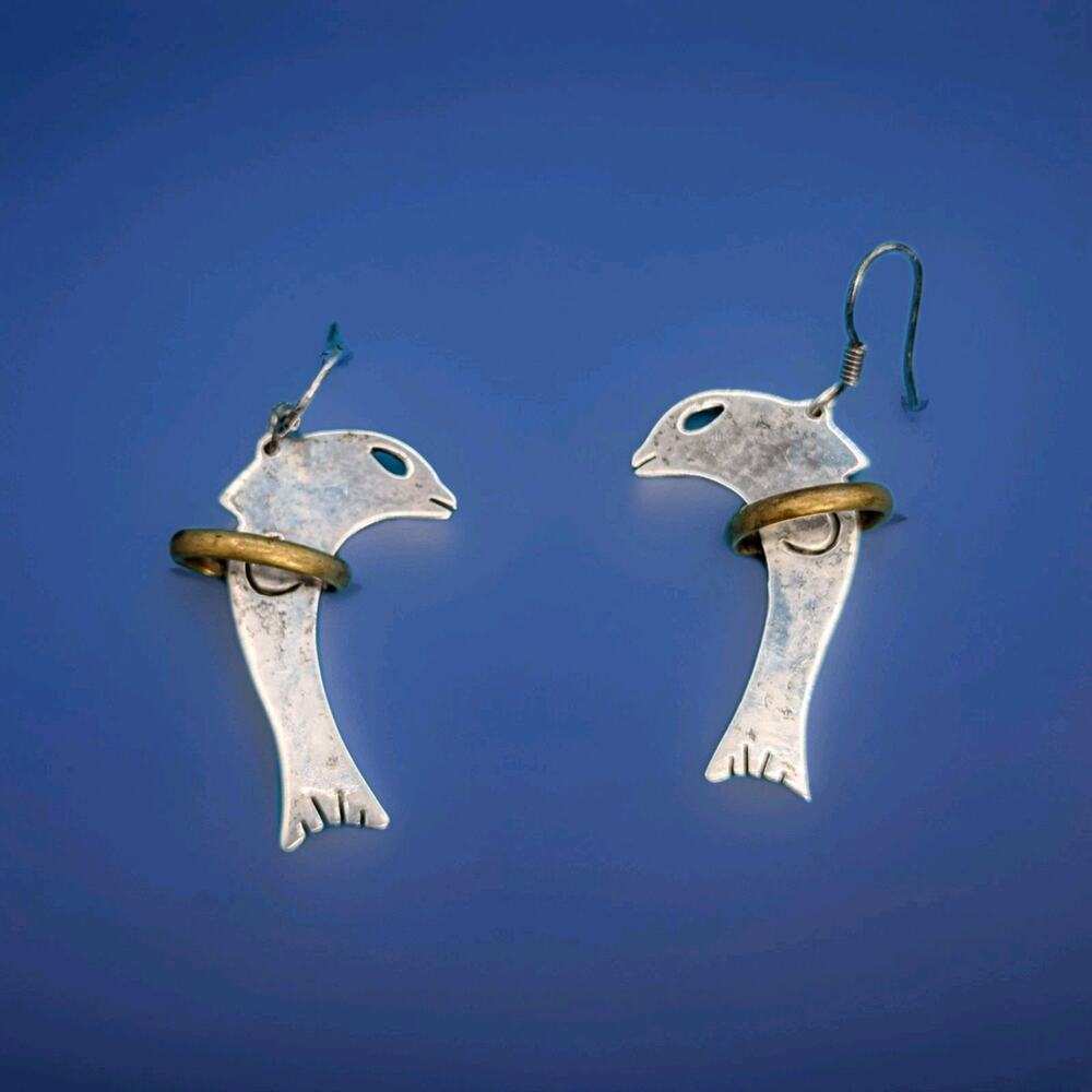 Taxco Mexico 925/Brass Dolphin Jumping Through Hoop Dangle/Drop Earrings Vintage